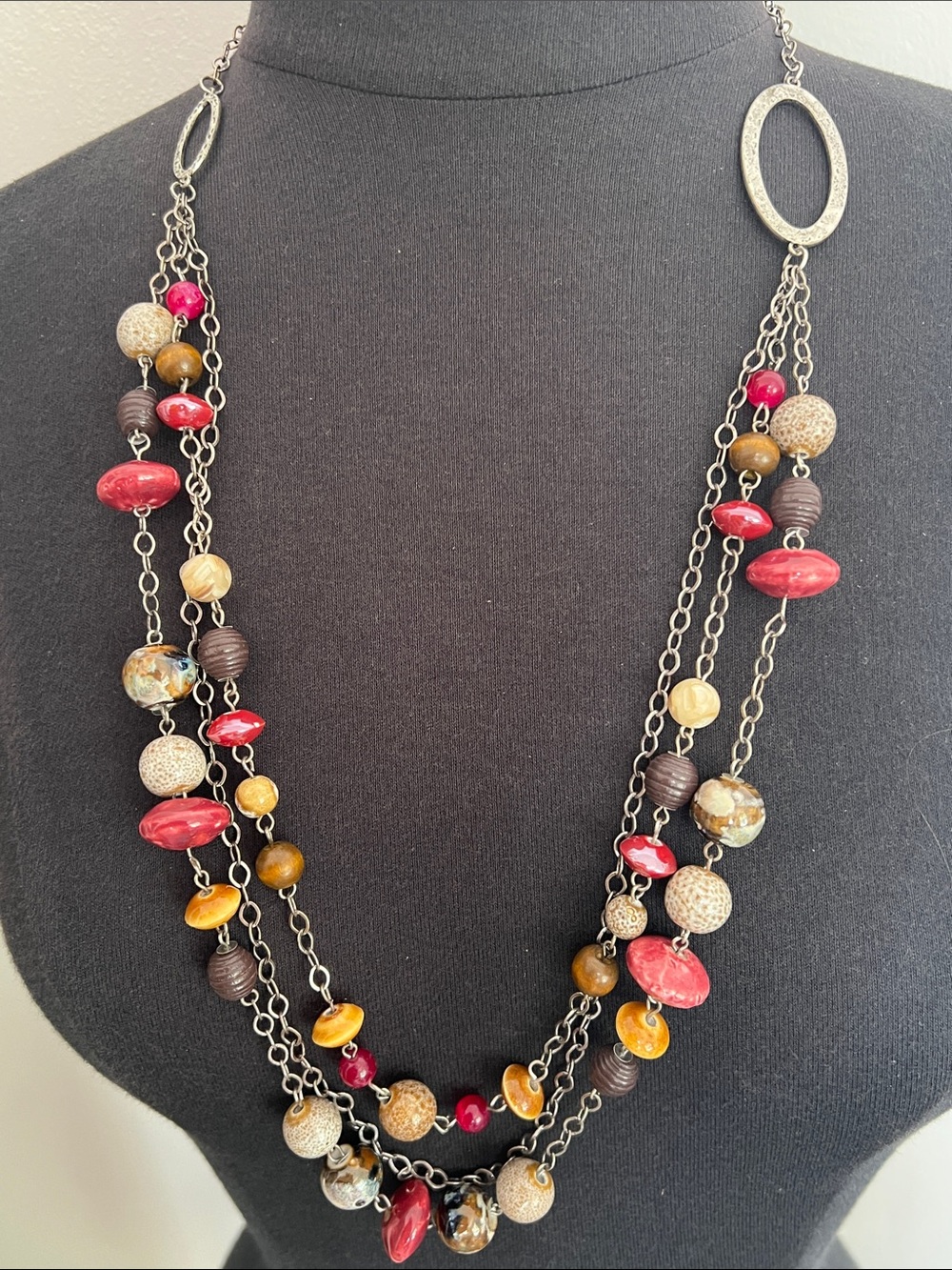 Multi-Strand Red and Brown Bead Necklace - Woman Jewelry
